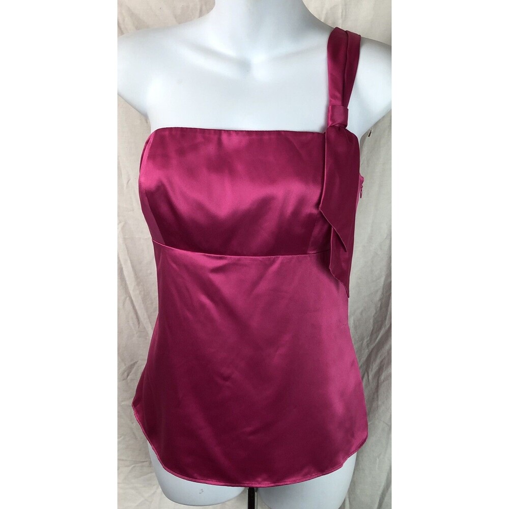 Ann Taylor Loft Camisole Halter Satin Top 8P Raspberry Tie One Shoulder ShelfBra - Picture 6 of 7